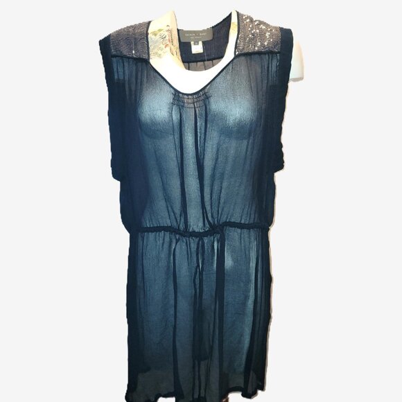 Sachin + Babi for Ankasa Women's Size 10 Silk Top Navy Sheer Sequin Shoulder - Picture 2 of 8